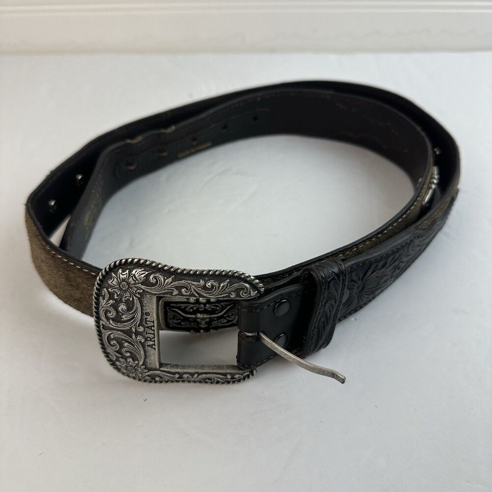 Ariat Brown Tooled Leather Belt Size 42 Limited Edition Silver Tone Buckle 2007
